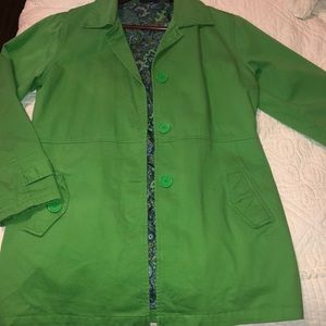 Green denim short trench coat.